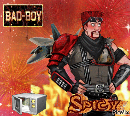 a cartoon of a man with a fighter jet behind him and a sign that says bad boy spicy