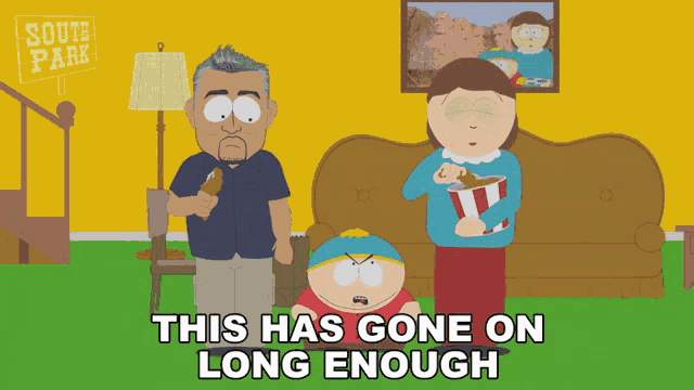 a south park cartoon shows a man and woman sitting on a couch