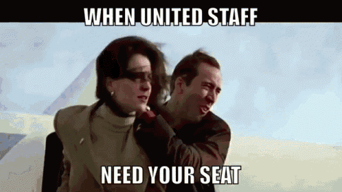 a man and a woman are standing next to each other and the caption says when united staff need your seat