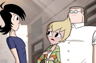 a group of cartoon characters are standing in a hallway talking to each other