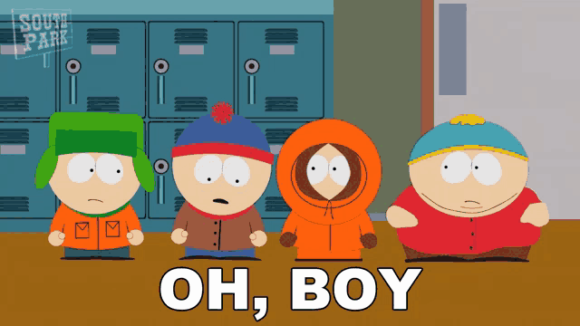 four south park characters are standing in front of lockers