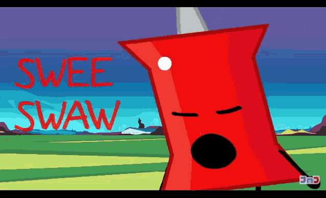 a cartoon drawing of a red pin with the words swee swaw above it