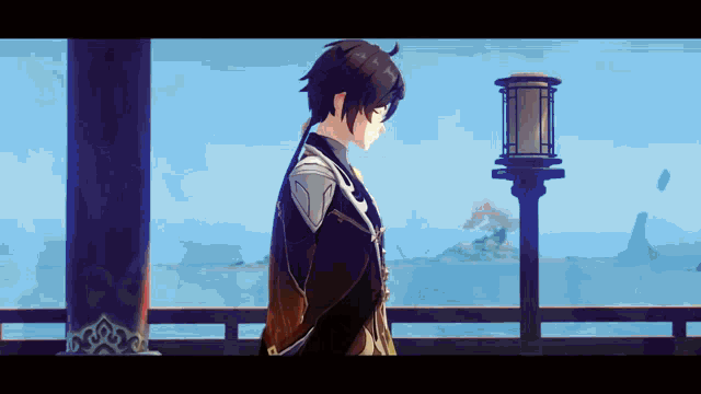 a pixel art of a man standing in front of a lantern