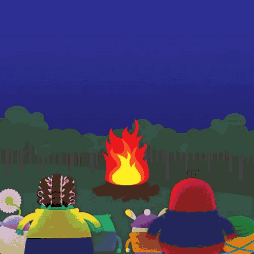 a fireworks display is being watched by a group of cartoon characters