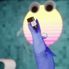 a person wearing blue gloves is holding a bottle with a label that says ' a '