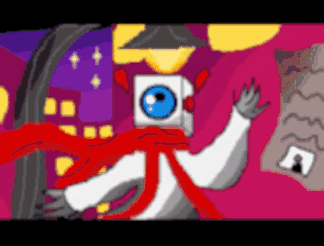 a cartoon drawing of a robot with a blue eye