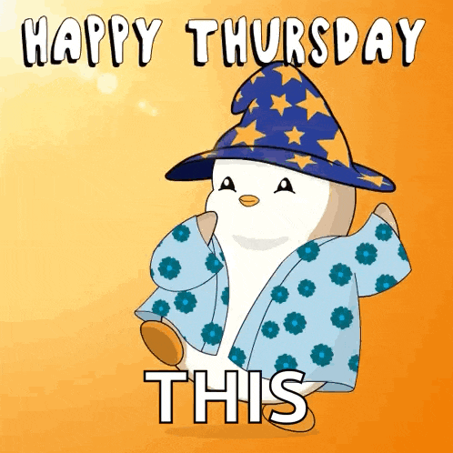 a penguin wearing a wizard hat and a robe with the words happy thursday this