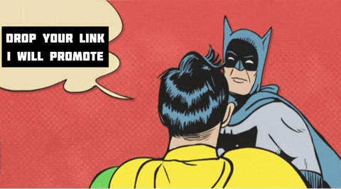 a cartoon of batman and robin with the words drop your link i will promote