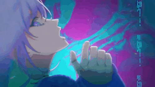 a close up of a person 's face with purple hair and blue eyes looking up at something .