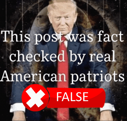 a picture of donald trump with the words this post was fact checked by real american patriots below him