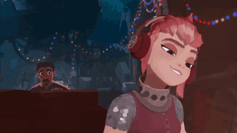 a cartoon girl wearing headphones is standing in front of a man sitting at a table .