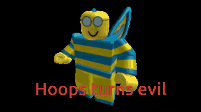 a yellow and blue cartoon character with the words hoops turns evil on the bottom