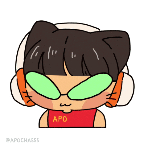 a cartoon drawing of a person wearing headphones and a red shirt with apo on it