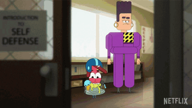 a cartoon character is standing in front of a sign that says self defense