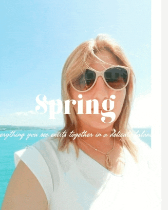 a woman wearing sunglasses and a white shirt with the word spring on her face