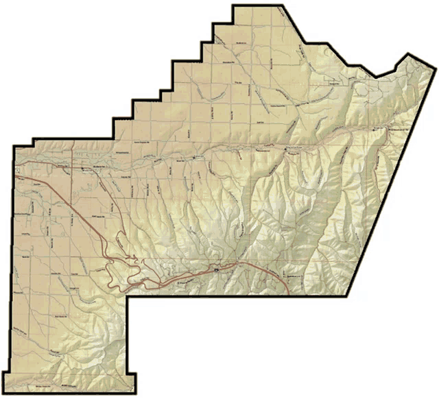 a map of a valley with mountains and a road going through it