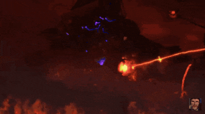 a cartoon of a man standing in front of a fire with a purple light coming out of it