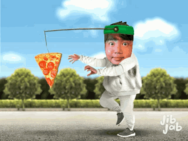 a man with a green headband is holding a slice of pepperoni pizza on a stick