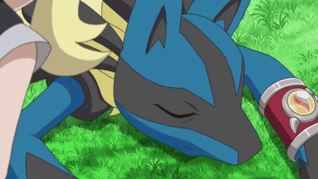 a pokemon with a watch on its wrist is laying on the grass