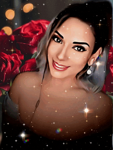 a painting of a woman with red roses behind her