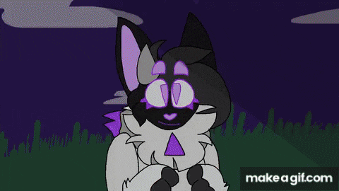 a cartoon of a wolf with a purple tail is standing in a field .