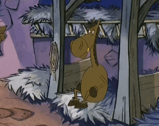 a cartoon horse standing next to a tree