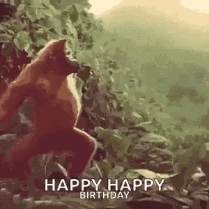 a monkey is standing in the woods with the words `` happy happy birthday '' written on it .