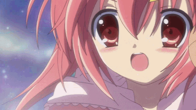 a close up of a anime girl with pink hair and red eyes