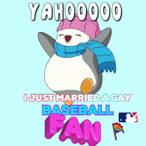 a penguin is wearing a pink hat and scarf with the words yahoo i just married a gay baseball fan