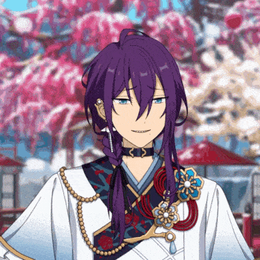 a purple haired anime character with a choker and earrings
