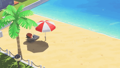 a red and white striped umbrella sits on a sandy beach next to a palm tree