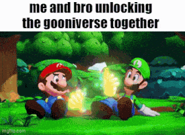 a cartoon of mario and luigi sitting next to each other in a grassy field .