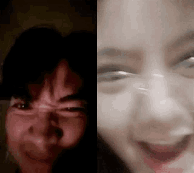 a man and a woman are making funny faces with their mouths open .