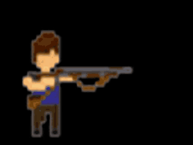 a pixel art of a man holding a gun with a yellow bullet coming out of it .
