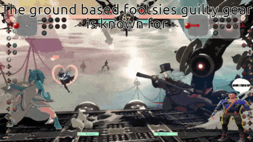 a video game with the words " the ground based footsies guilty gear is known for " at the top