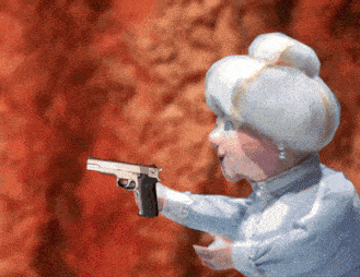 a cartoon character is pointing a gun at someone