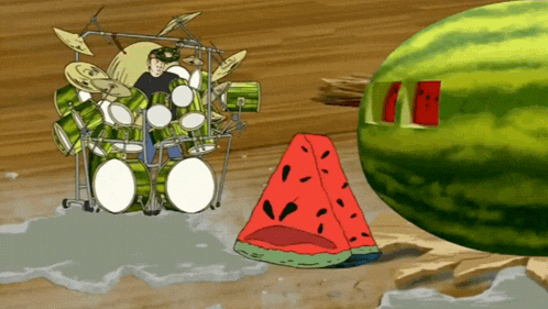 a cartoon drawing of a man playing drums next to a watermelon