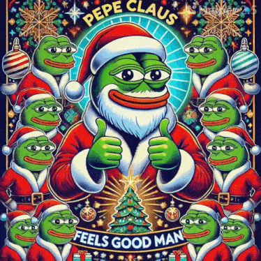 a poster of pepe claus giving a thumbs up with a christmas tree in the background