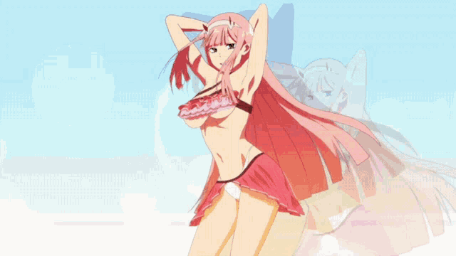 a girl with pink hair is wearing a bikini top