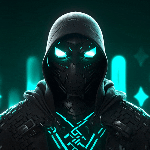 a hooded figure with glowing blue eyes and a geometric pattern on his chest