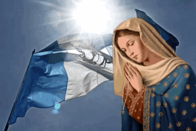 a painting of a woman praying with a flag behind her