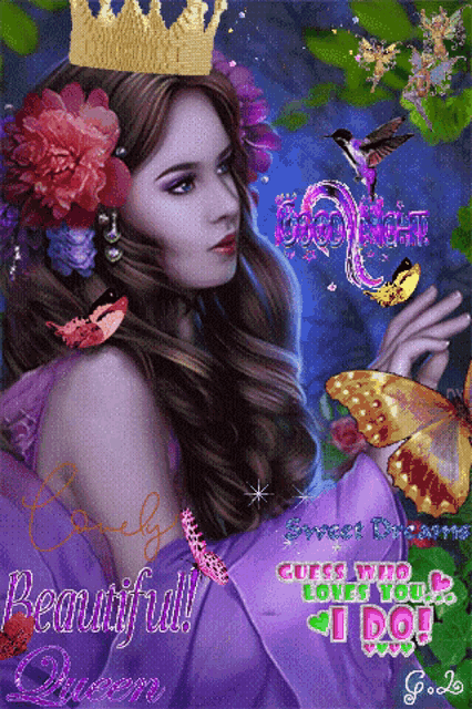 a woman with a crown on her head is surrounded by butterflies and the words " beautiful queen "