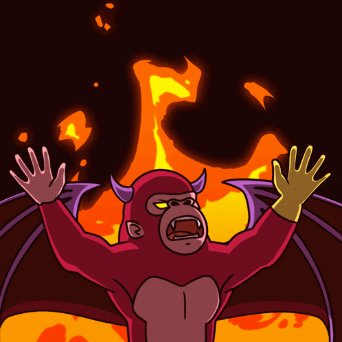a cartoon drawing of a gorilla with horns and wings in front of a fire