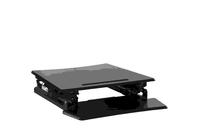 a black standing desk with a keyboard tray on the bottom shelf
