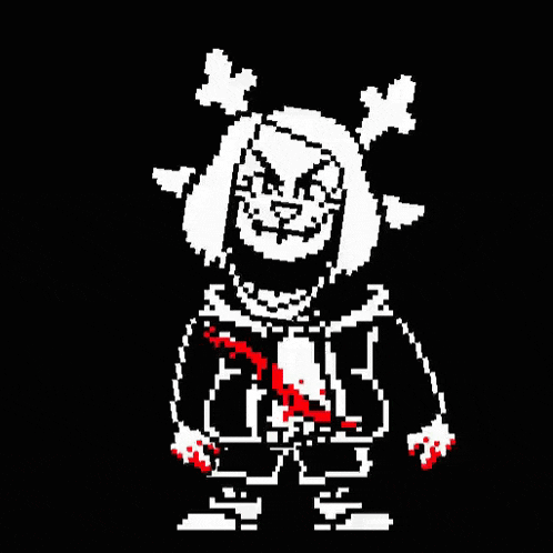 a pixel art drawing of a cartoon character with a bloody heart and skulls on a black background .