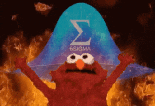 elmo is holding up his arms in front of a 6sigma sign