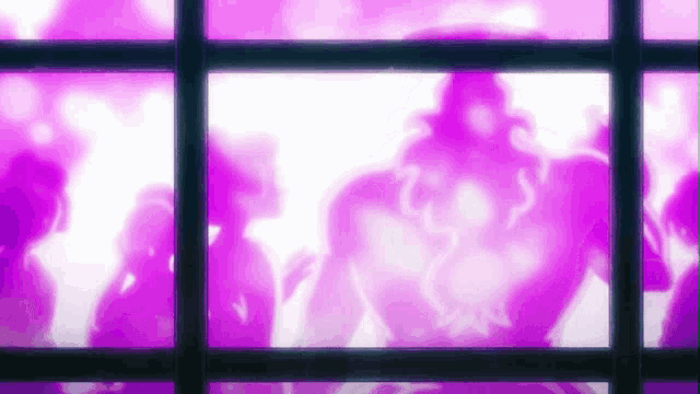 a group of people are standing in front of a window with purple lights coming out of it .