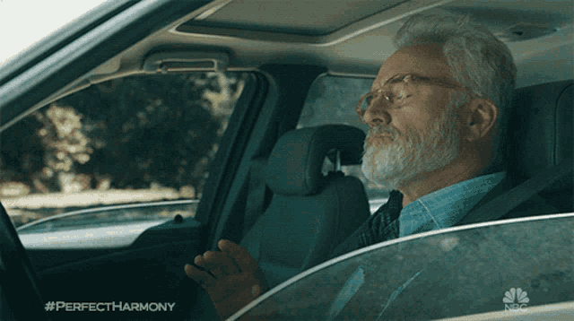 a man sitting in a car with the hashtag perfectharmony