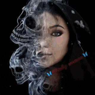 a close up of a doll 's face with a broken glass behind it