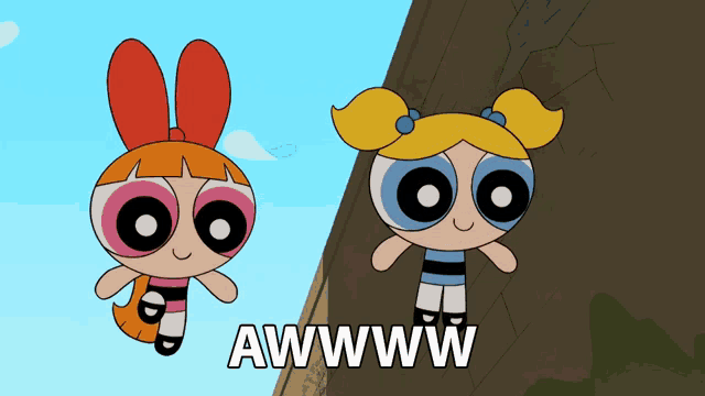 bubbles and blossom from the powerpuff girls are flying in the air
